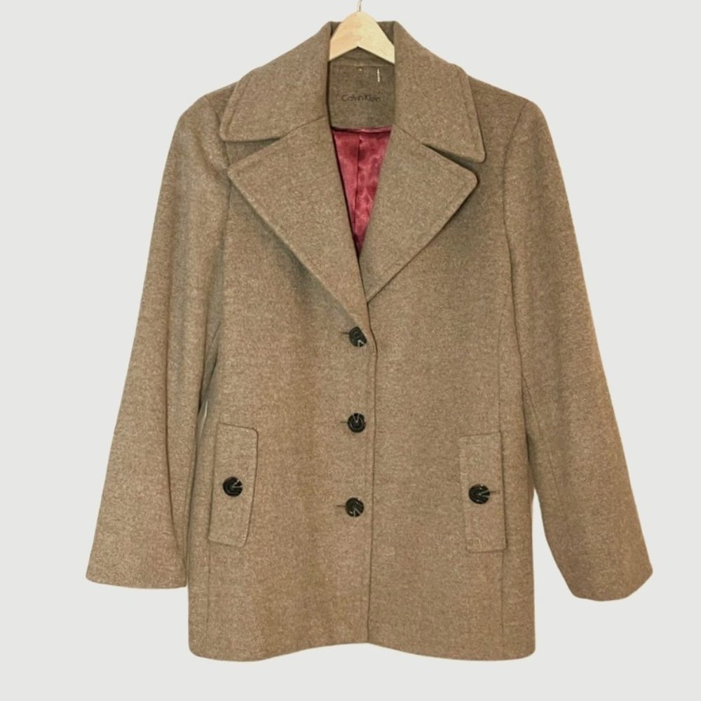 CALVIN KLEIN Brown Oat Women’s Wool Nylon Silk Academia Peacoat Size 14